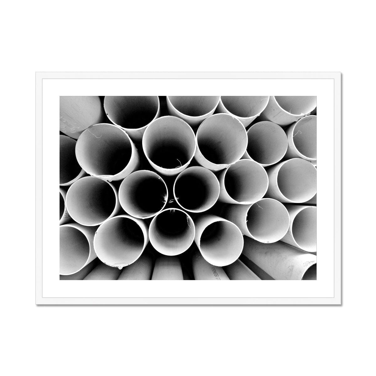Seek & Ramble Framed A4 Landscape (29x21cm) / White Frame Monochrome Round Pipes Abstract Framed & Mounted Print