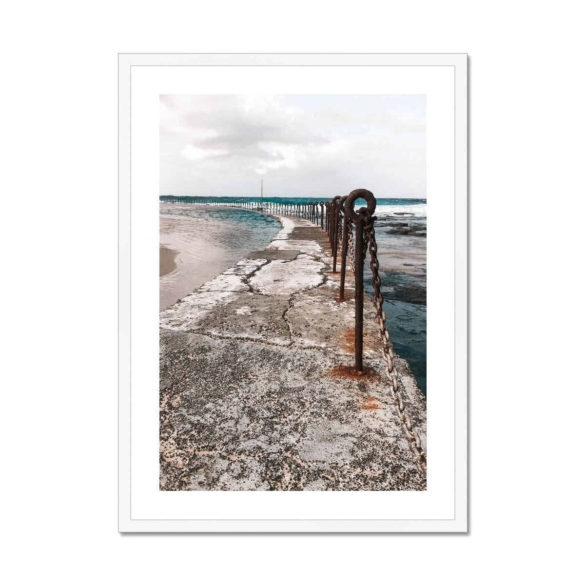Seek & Ramble Framed A4 Portrait / White Frame Newcastle Ocean Baths Rusting Fence Framed Print