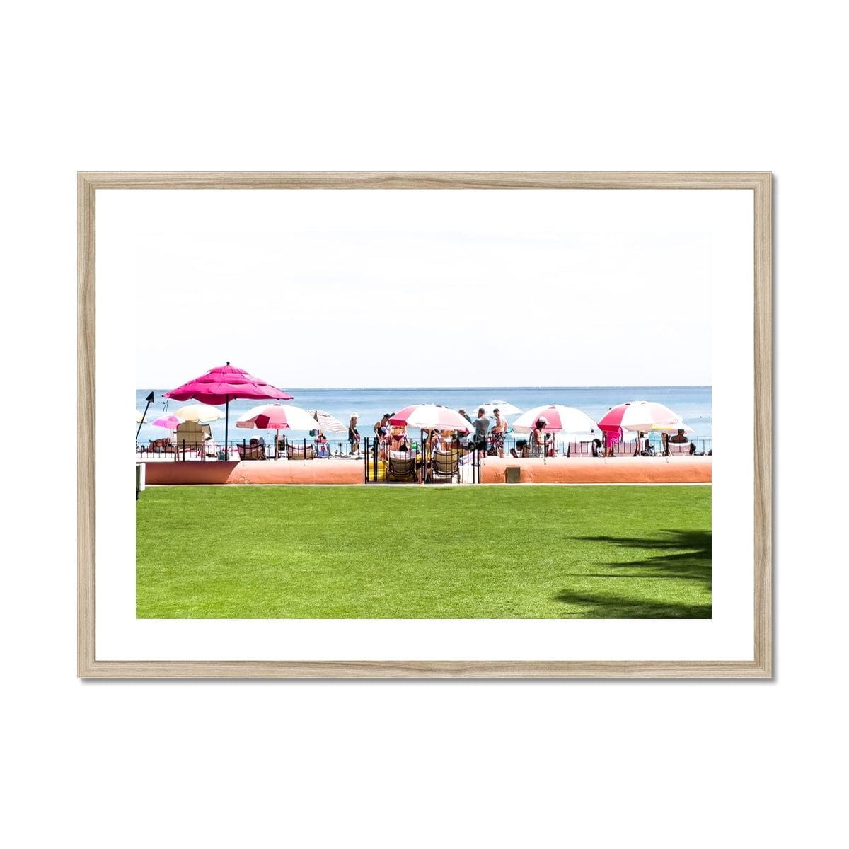 Seek & Ramble Framed A4 Landscape / Natural Frame Pink Beach Umbrellas Honolulu Print