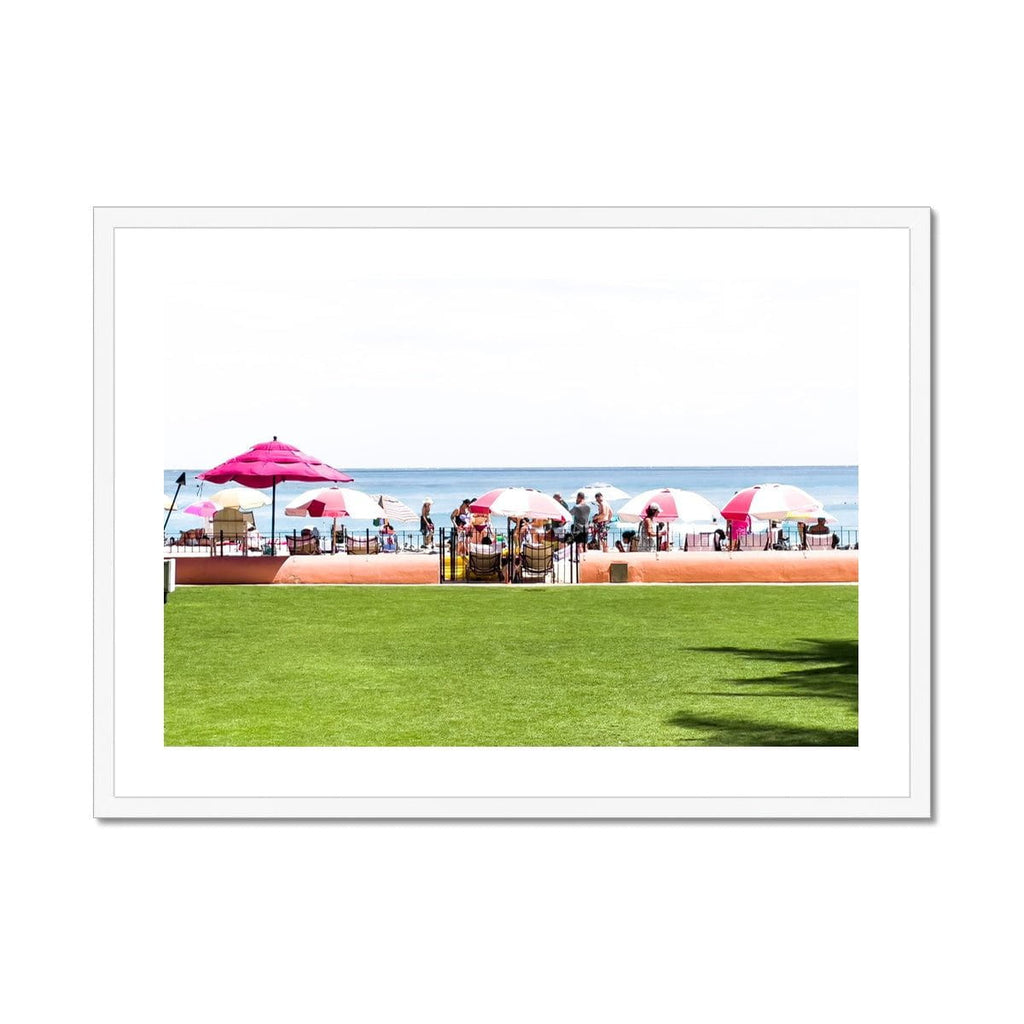SeekandRamble Framed 28"x20" / White Frame Pink Beach Umbrellas Honolulu Print