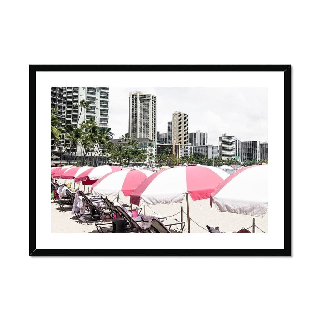 SeekandRamble Framed 28"x20" / Black Frame Pink Umbrellas Waikiki Beach Framed Print