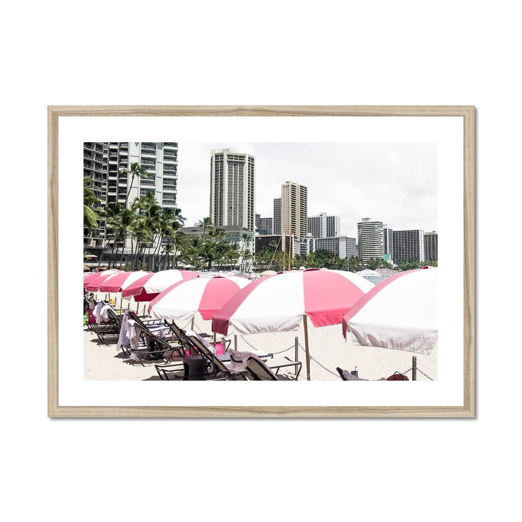 SeekandRamble Framed 28"x20" / Natural Frame Pink Umbrellas Waikiki Beach Framed Print