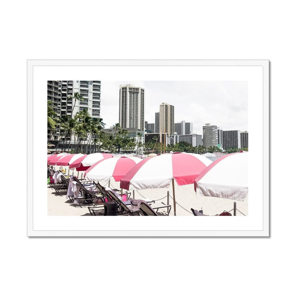 Seek & Ramble Framed A4 Landscape / White Frame Pink Umbrellas Waikiki Beach Framed Print