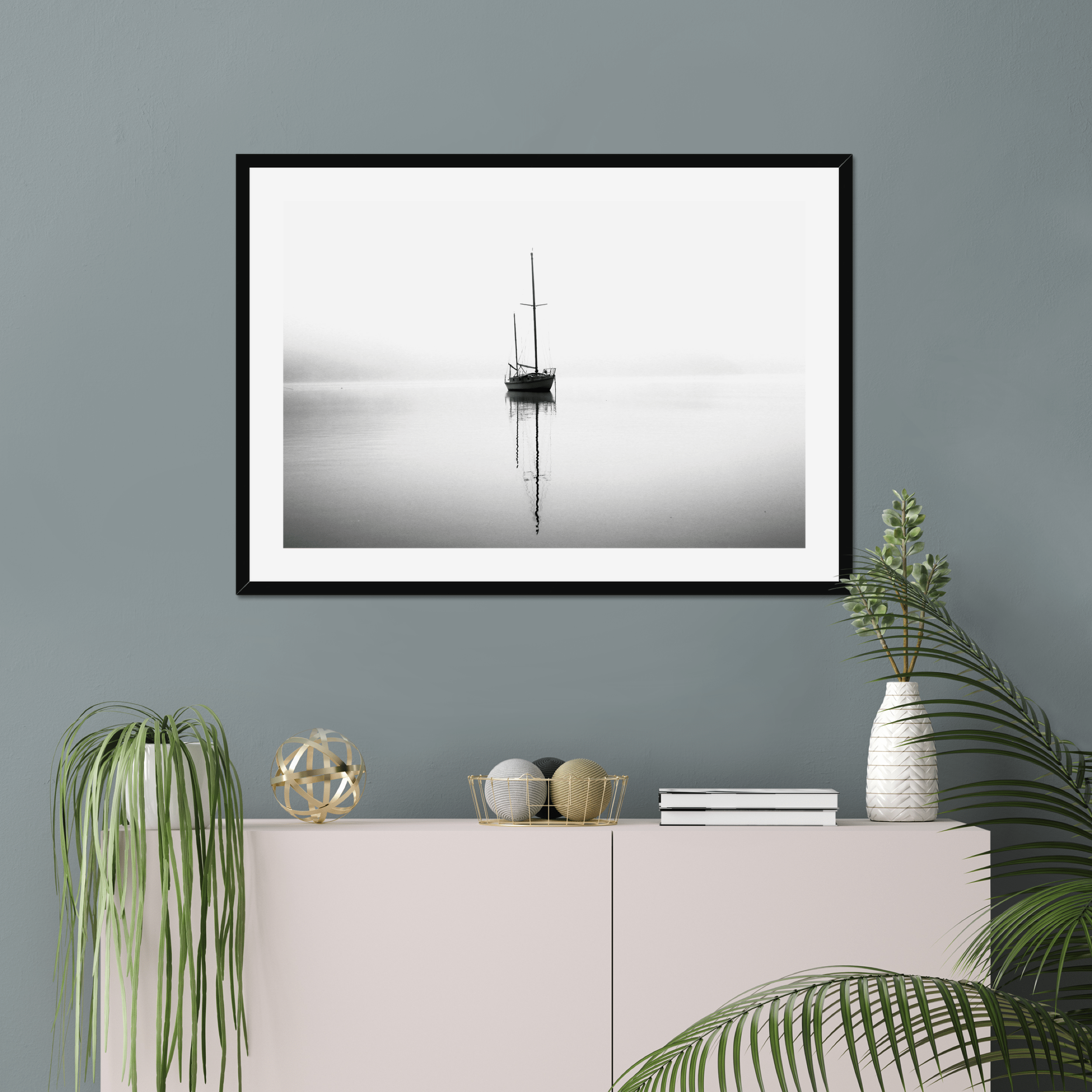 Seek & Ramble Framed Sail Boat Morning Fog Framed & Mounted Print