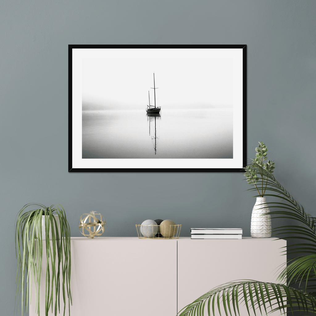 SeekandRamble Framed Sail Boat Morning Fog Framed & Mounted Print