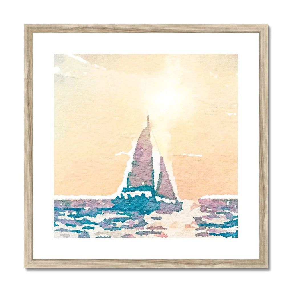 SeekandRamble Framed 20"x20" / Natural Frame Sunset Sail Boat Watercolour Framed & Mounted Print