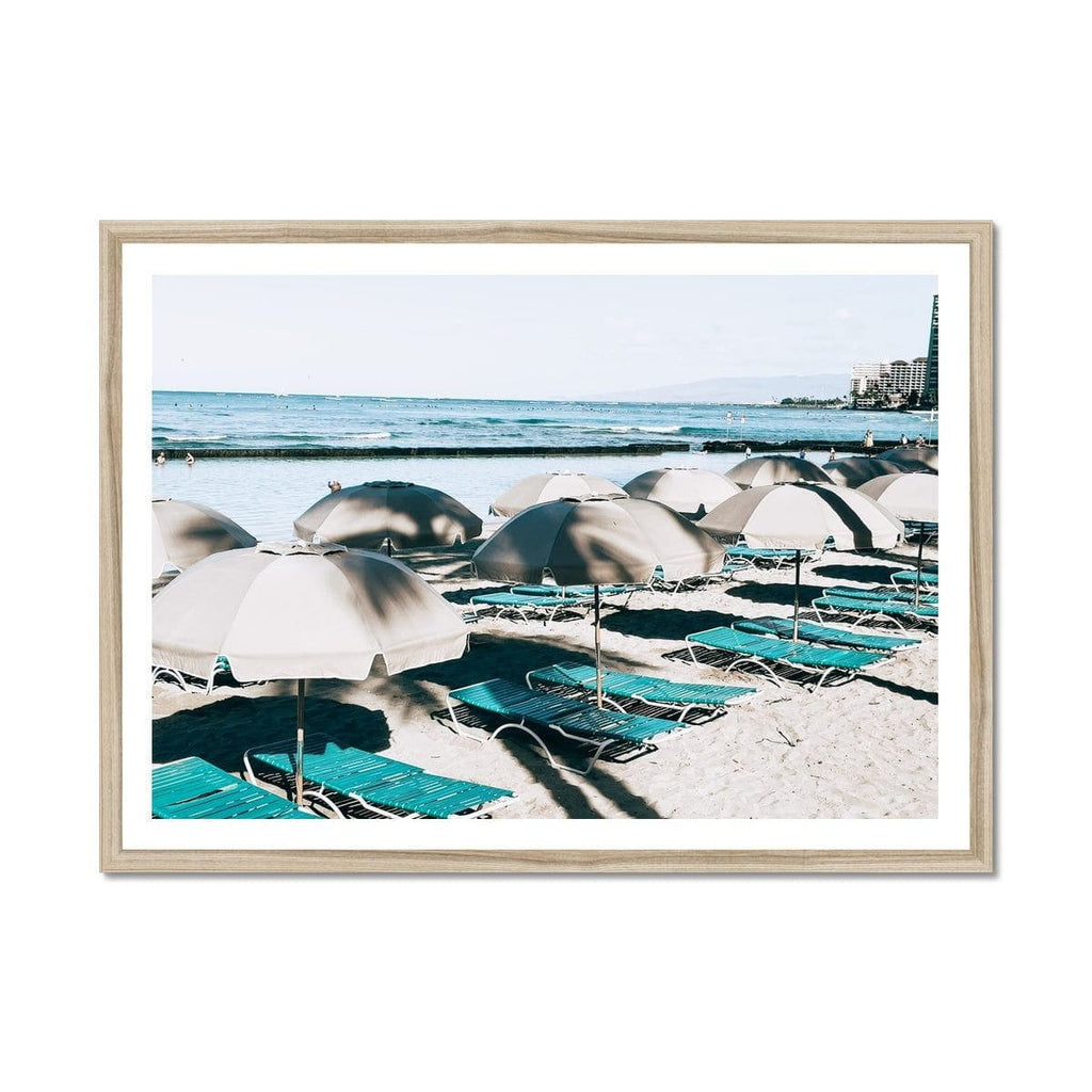 SeekandRamble Framed 28"x20" / Natural Frame Waikiki Beach Blue Beds Print