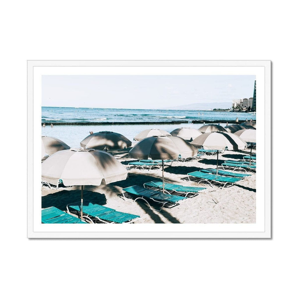 Seek & Ramble Framed 28"x20" / White Frame Waikiki Beach Blue Beds Print