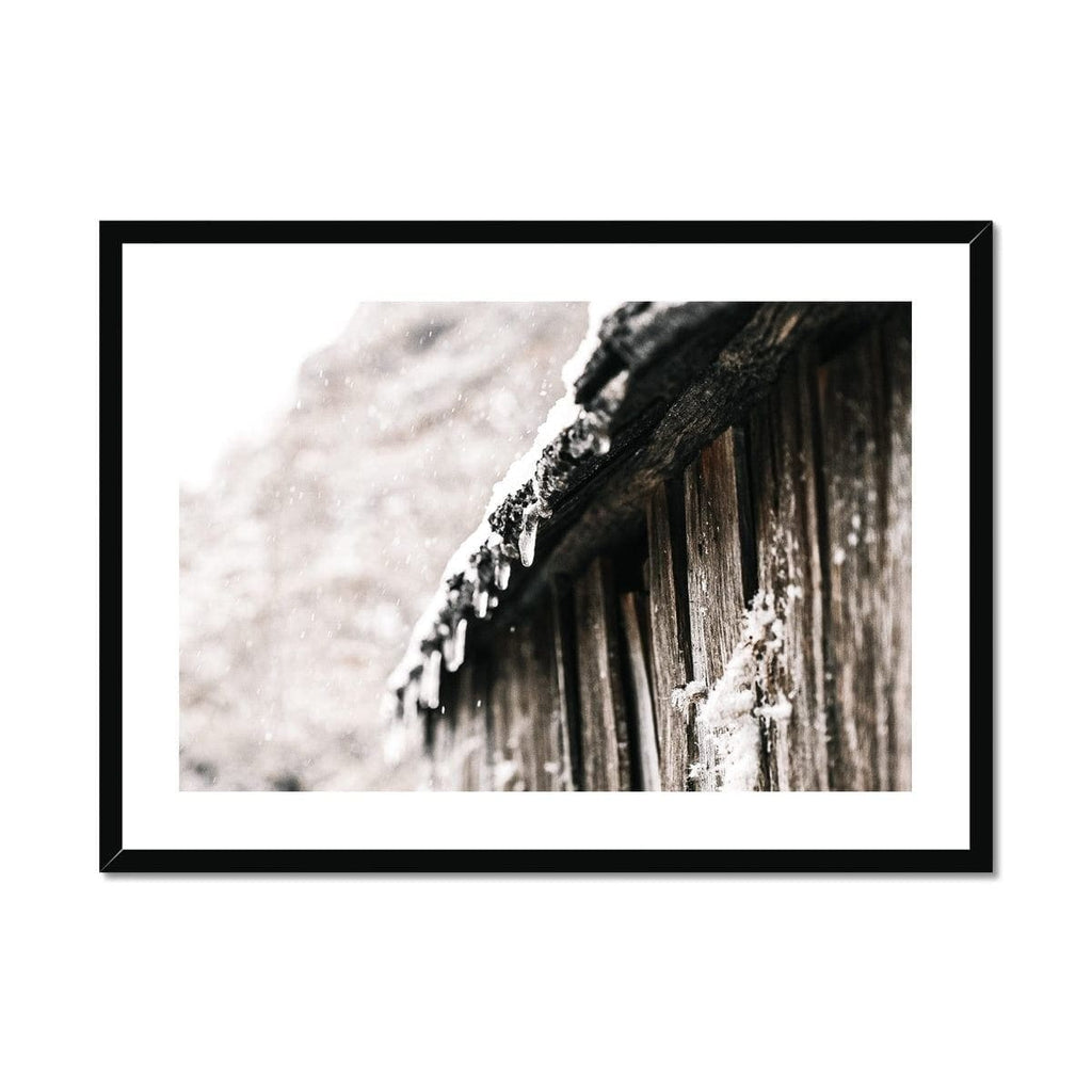 Adam Davies Framed A4 Landscape / Black Frame Winter Cabin Icicles  Framed & Mounted Print