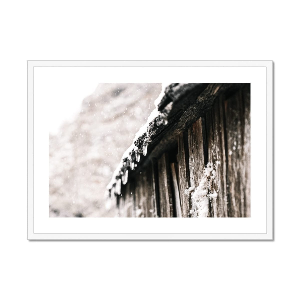 Adam Davies Framed A4 Landscape / White Frame Winter Cabin Icicles  Framed & Mounted Print